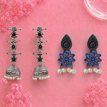 Royal Triple Bell Layered Jhumka Earring (Black) Drew flower pearl stud earrings (Blue) Combo set