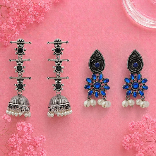 Royal Triple Bell Layered Jhumka Earring (Black) Drew flower pearl stud earrings (Blue) Combo set
