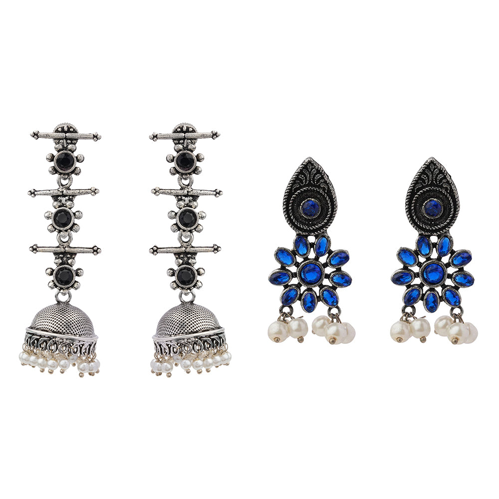 Royal Triple Bell Layered Jhumka Earring (Black) Drew flower pearl stud earrings (Blue) Combo set