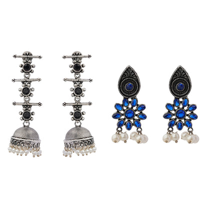 Royal Triple Bell Layered Jhumka Earring (Black) Drew flower pearl stud earrings (Blue) Combo set