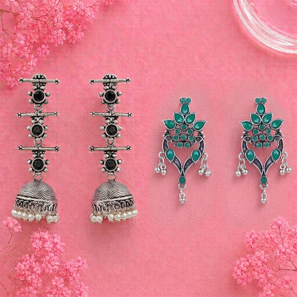Royal Triple Bell Layered Jhumka Earring (Black) Tint and Twinkle earrings (Green) Combo set