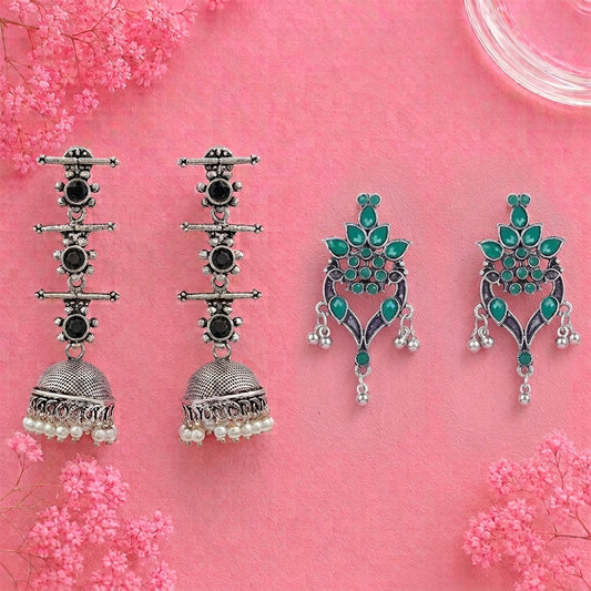 Royal Triple Bell Layered Jhumka Earring (Black) Tint and Twinkle earrings (Green) Combo set