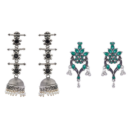 Royal Triple Bell Layered Jhumka Earring (Black) Tint and Twinkle earrings (Green) Combo set