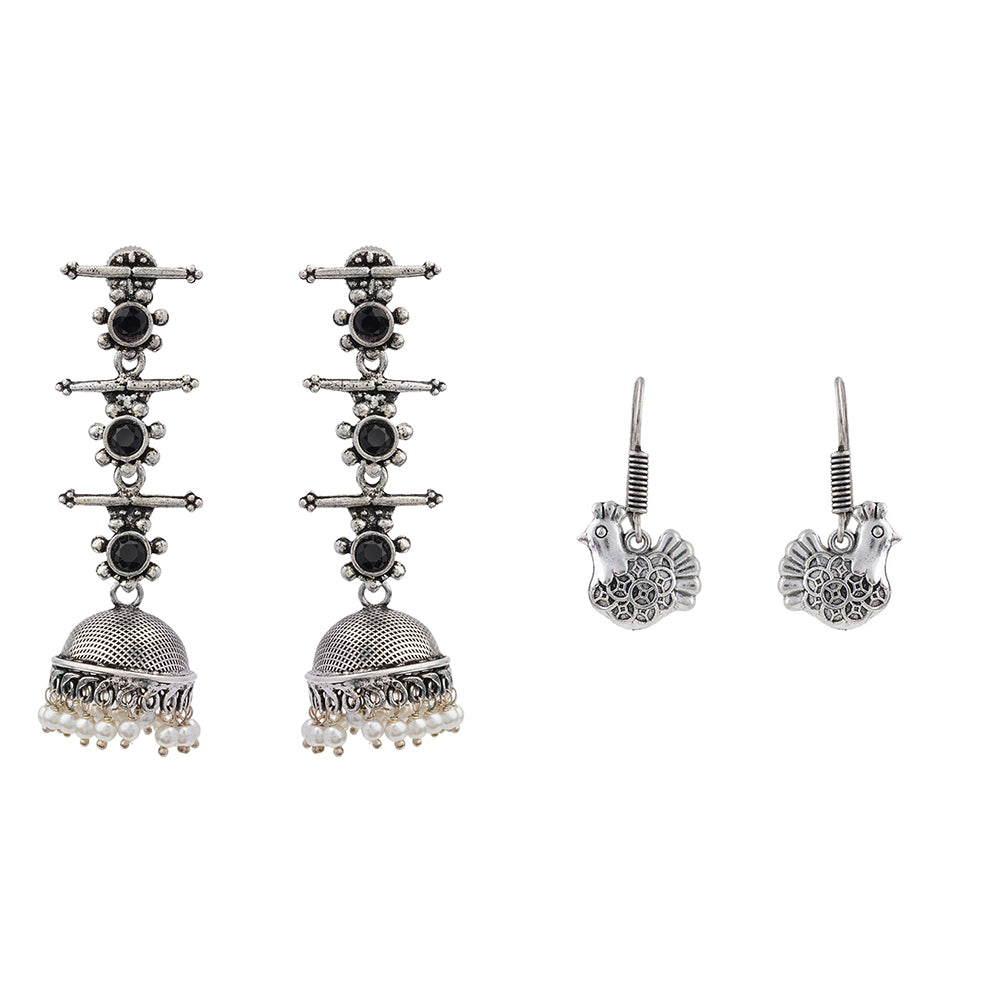 Royal Triple Bell Layered Jhumka Earring (Black) Rooster radiance dangler earrings (Silver) Combo set