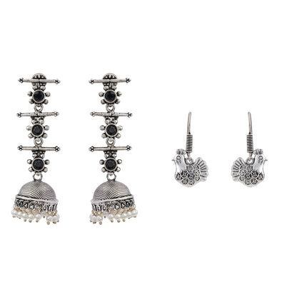 Royal Triple Bell Layered Jhumka Earring (Black) Rooster radiance dangler earrings (Silver) Combo set