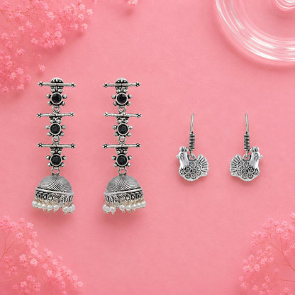 Royal Triple Bell Layered Jhumka Earring (Black) Rooster radiance dangler earrings (Silver) Combo set