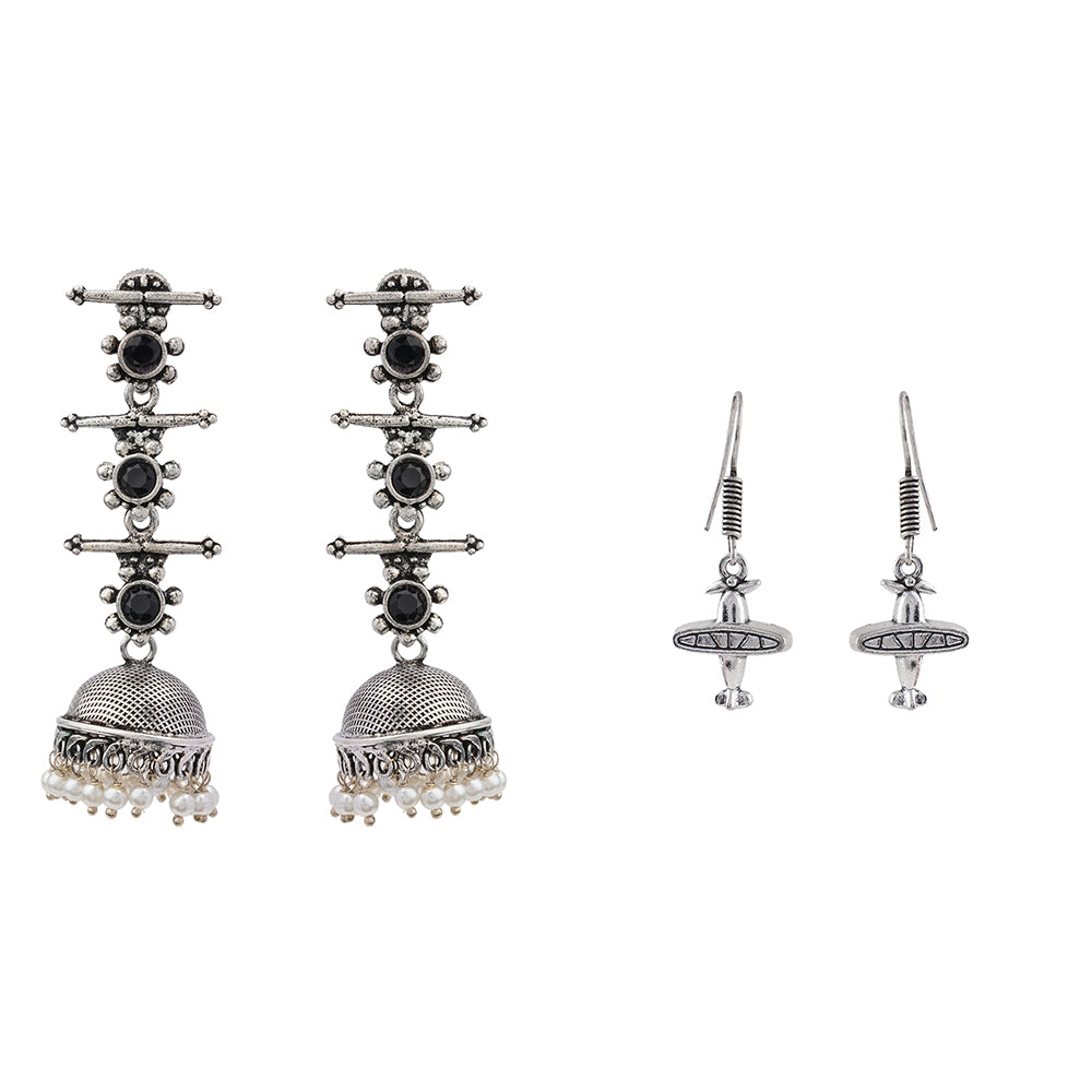Royal Triple Bell Layered Jhumka Earring (Black) Skyward Grace dangler earrings (Silver) Combo set
