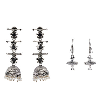 Royal Triple Bell Layered Jhumka Earring (Black) Skyward Grace dangler earrings (Silver) Combo set