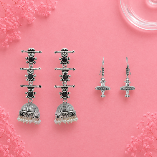 Royal Triple Bell Layered Jhumka Earring (Black) Skyward Grace dangler earrings (Silver) Combo set