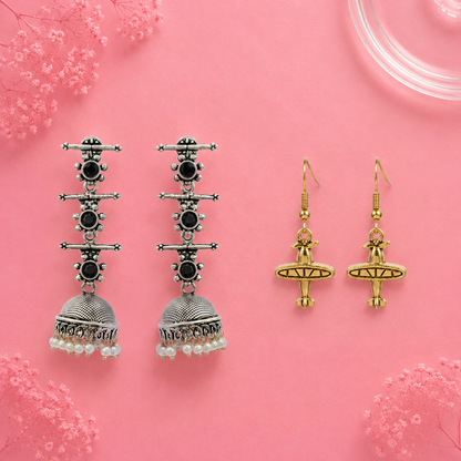 Royal Triple Bell Layered Jhumka Earring (Black) Cloud nine dangler earrings Combo set