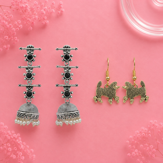 Royal Triple Bell Layered Jhumka Earring (Black) Pawfect spark dangler earrinngs Combo set