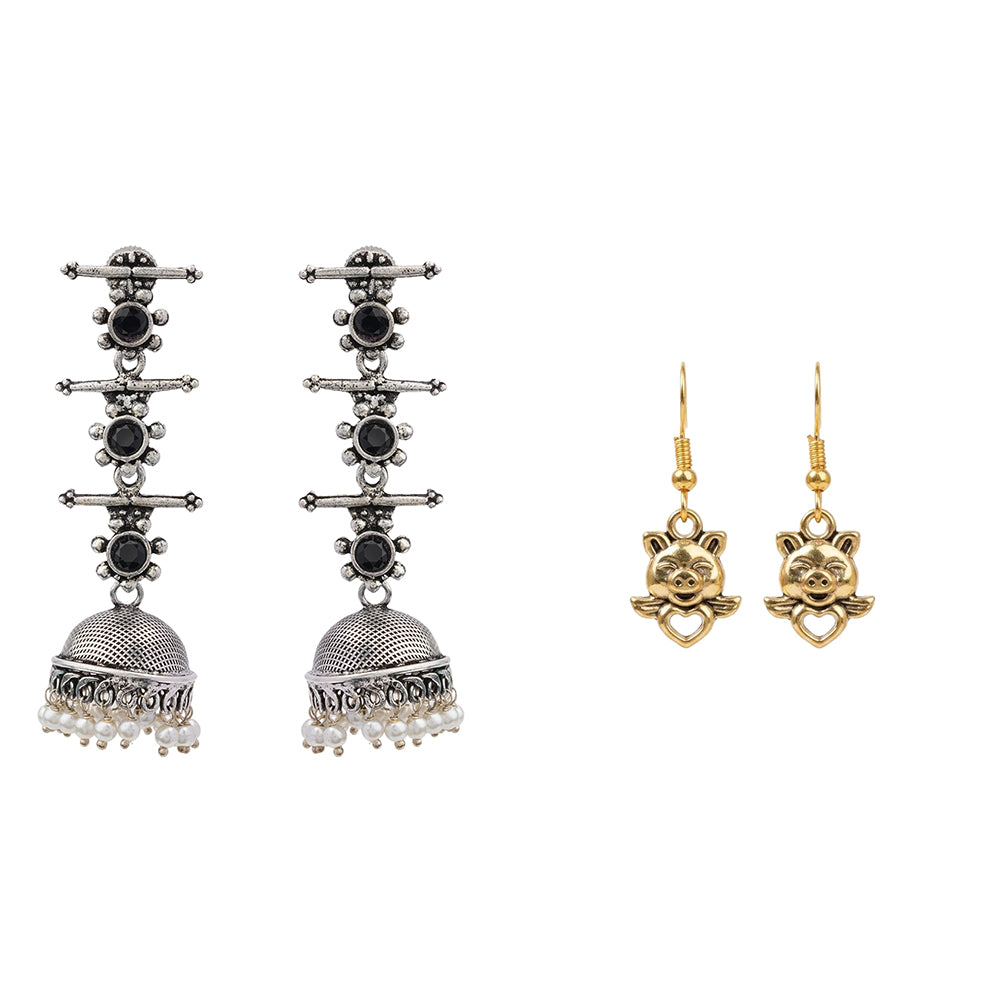 Royal Triple Bell Layered Jhumka Earring (Black) Oink Oink dangler earrings Combo set