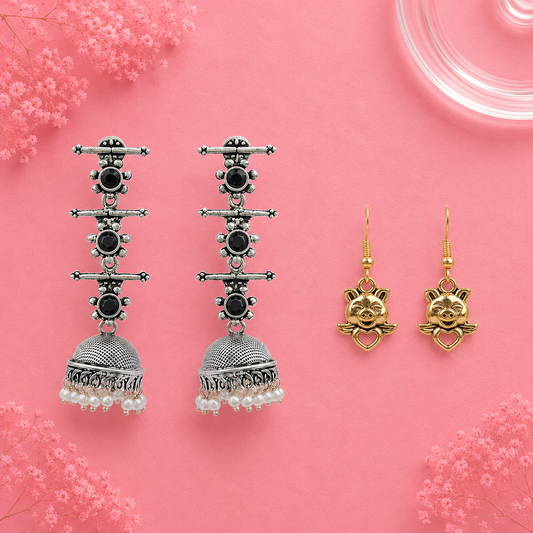 Royal Triple Bell Layered Jhumka Earring (Black) Oink Oink dangler earrings Combo set