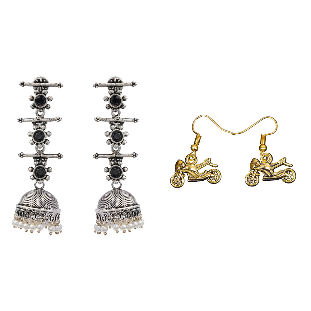 Royal Triple Bell Layered Jhumka Earring (Black) Sports Bike Shaped Golden Polished Oxidised Danglers Combo set