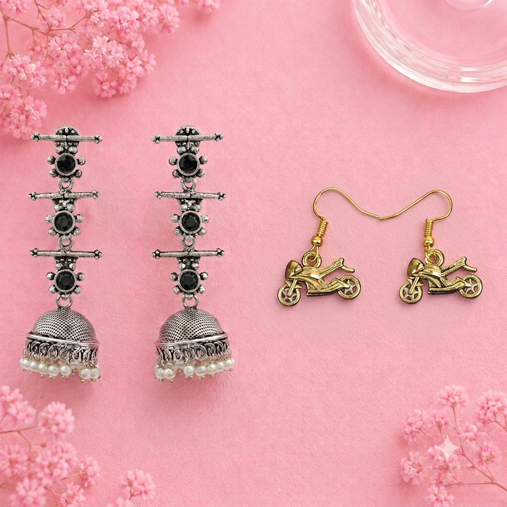 Royal Triple Bell Layered Jhumka Earring (Black) Sports Bike Shaped Golden Polished Oxidised Danglers Combo set