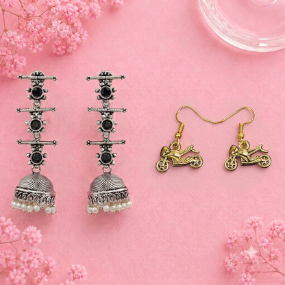 Royal Triple Bell Layered Jhumka Earring (Black) Sports Bike Shaped Golden Polished Oxidised Danglers Combo set