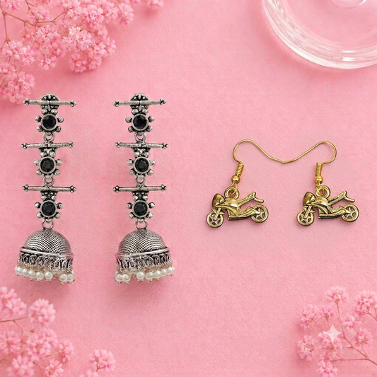 Royal Triple Bell Layered Jhumka Earring (Black) Sports Bike Shaped Golden Polished Oxidised Danglers Combo set
