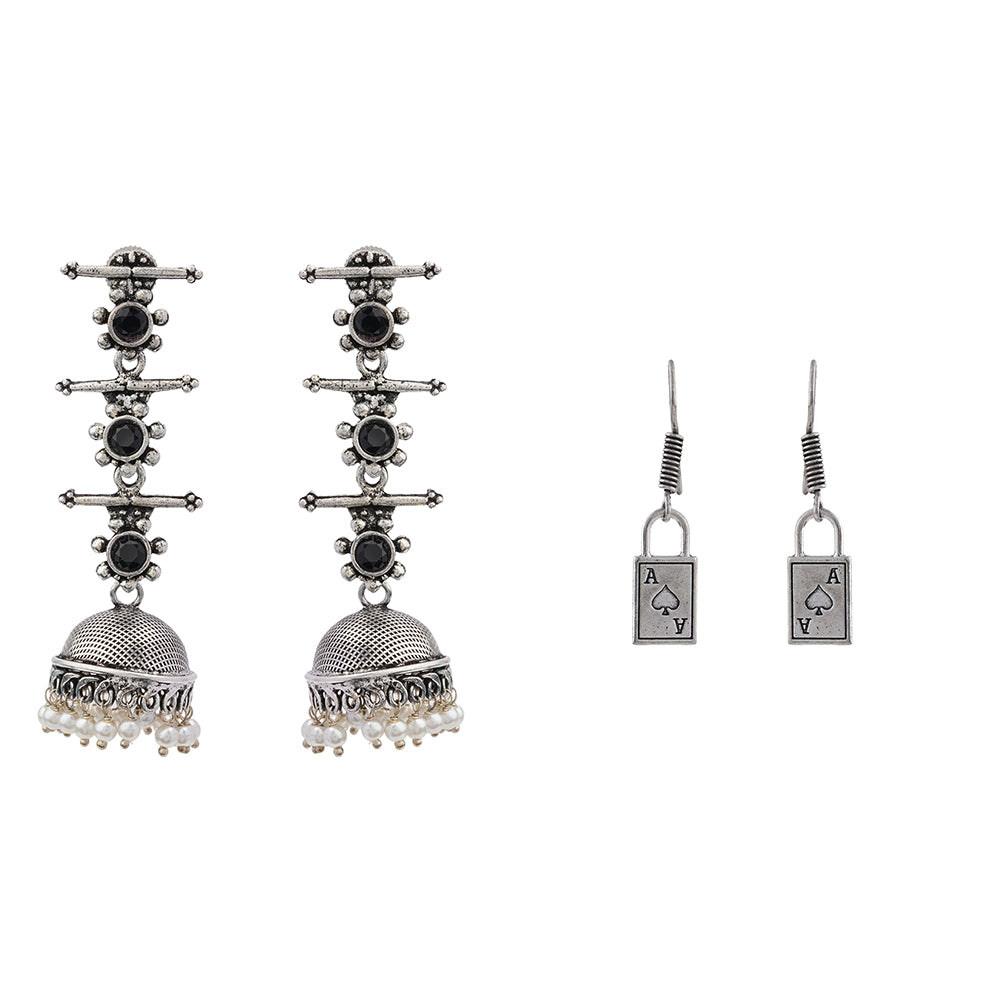 Royal Triple Bell Layered Jhumka Earring (Black) The Vault dangler earrings (Silver) Combo set
