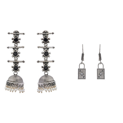 Royal Triple Bell Layered Jhumka Earring (Black) The Vault dangler earrings (Silver) Combo set