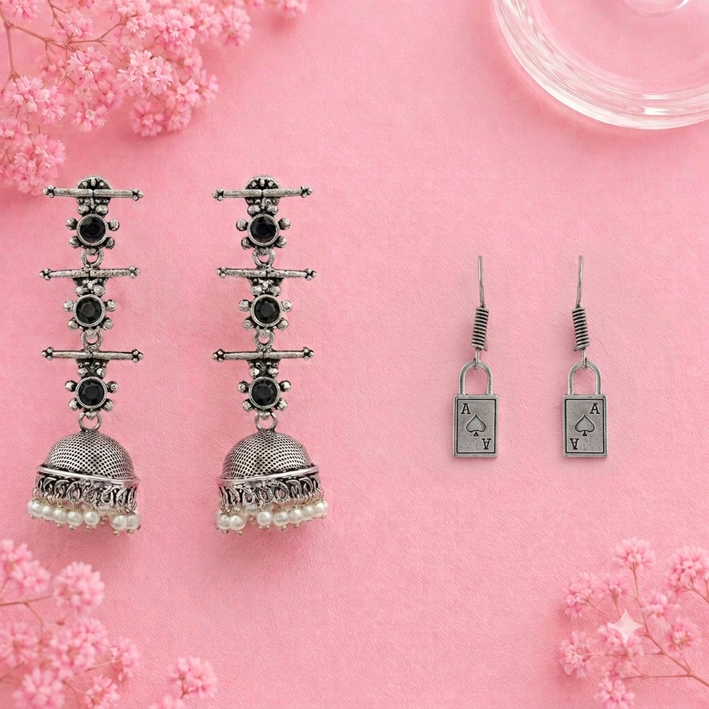 Royal Triple Bell Layered Jhumka Earring (Black) The Vault dangler earrings (Silver) Combo set