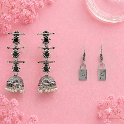 Royal Triple Bell Layered Jhumka Earring (Black) The Vault dangler earrings (Silver) Combo set