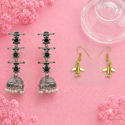 Royal Triple Bell Layered Jhumka Earring (Black) Sky High dangler earrings Combo set