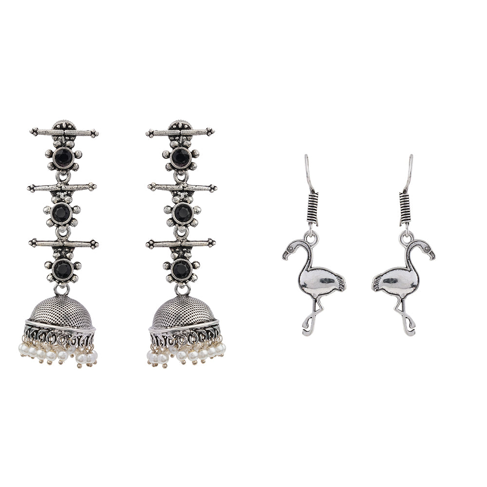 Royal Triple Bell Layered Jhumka Earring (Black) Tropical Elegance dangler earrings (Silver) Combo set