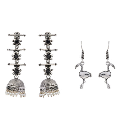 Royal Triple Bell Layered Jhumka Earring (Black) Tropical Elegance dangler earrings (Silver) Combo set