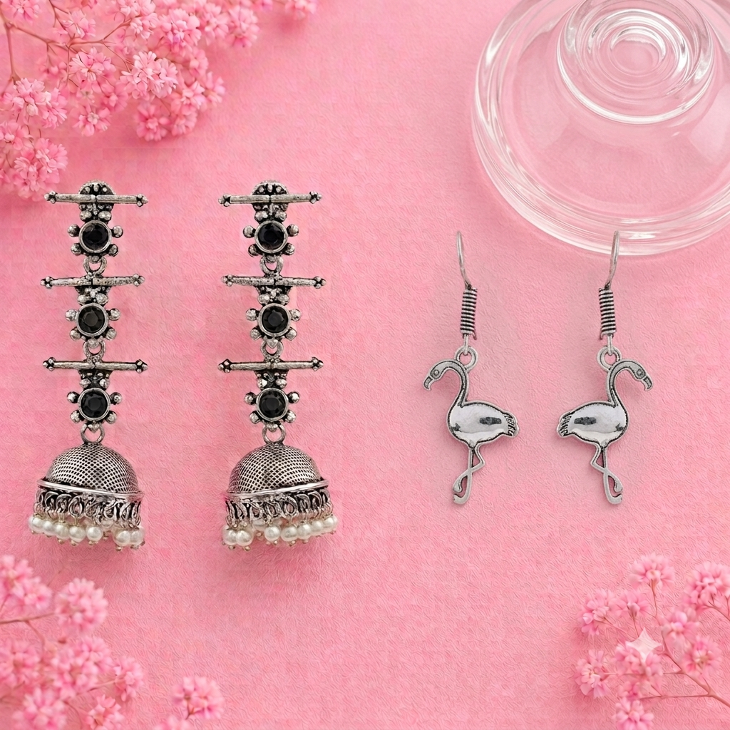 Royal Triple Bell Layered Jhumka Earring (Black) Tropical Elegance dangler earrings (Silver) Combo set