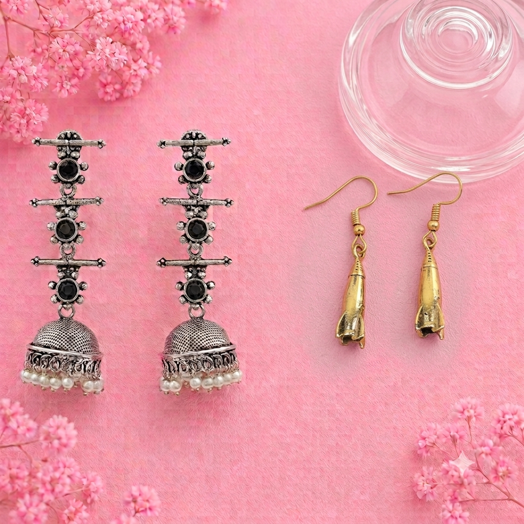 Royal Triple Bell Layered Jhumka Earring (Black) Starbound dangler earrings Combo set
