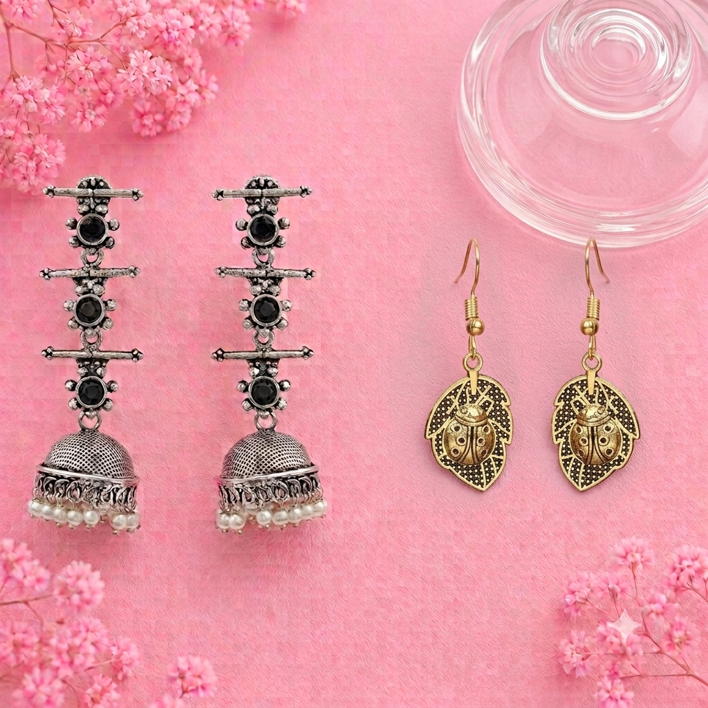 Royal Triple Bell Layered Jhumka Earring (Black) Beetle bling dangler earrings Combo set