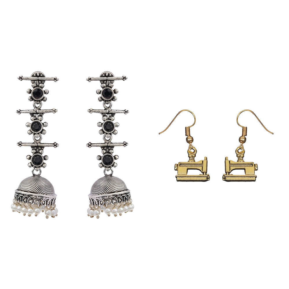 Royal Triple Bell Layered Jhumka Earring (Black) Sew-chic dangler earrings Combo set