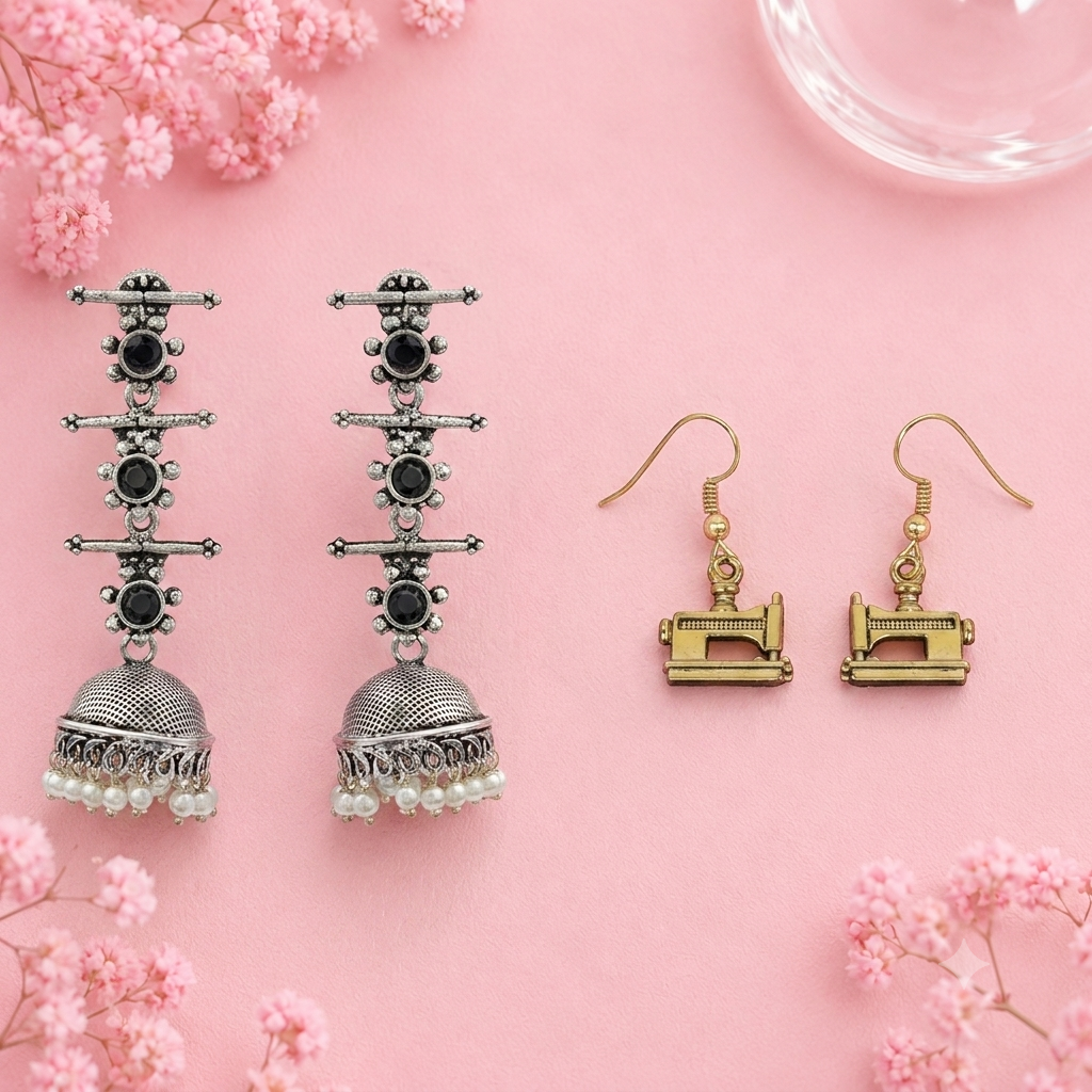 Royal Triple Bell Layered Jhumka Earring (Black) Sew-chic dangler earrings Combo set