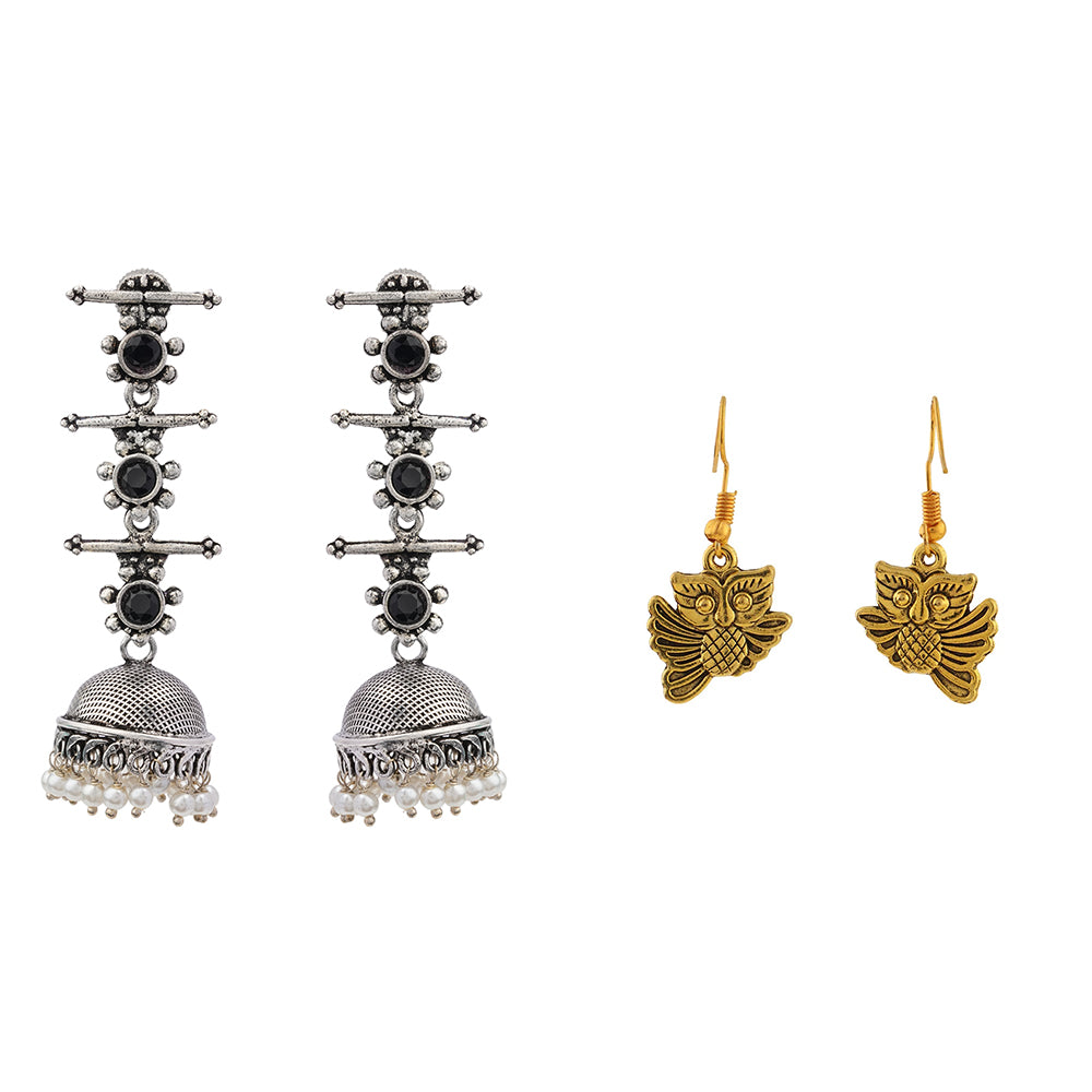 Royal Triple Bell Layered Jhumka Earring (Black) Hoot Hoot Dangler earrings Combo set