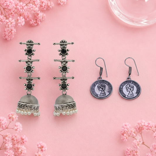 Royal Triple Bell Layered Jhumka Earring (Black) Crown Jewel dangler earrings (Silver) Combo set