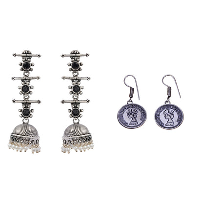 Royal Triple Bell Layered Jhumka Earring (Black) Crown Jewel dangler earrings (Silver) Combo set