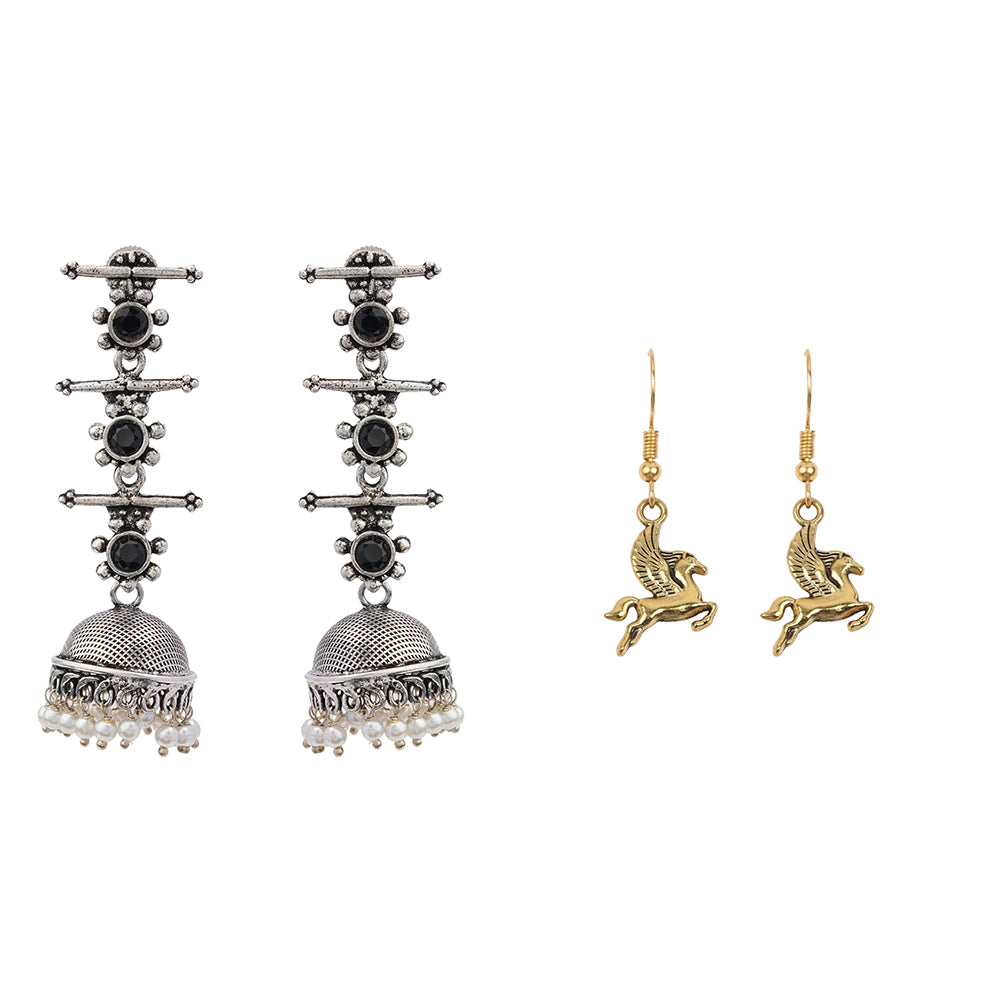 Royal Triple Bell Layered Jhumka Earring (Black) Winged Glam dangler earrings Combo set