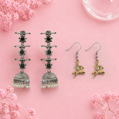 Royal Triple Bell Layered Jhumka Earring (Black) Winged Glam dangler earrings Combo set