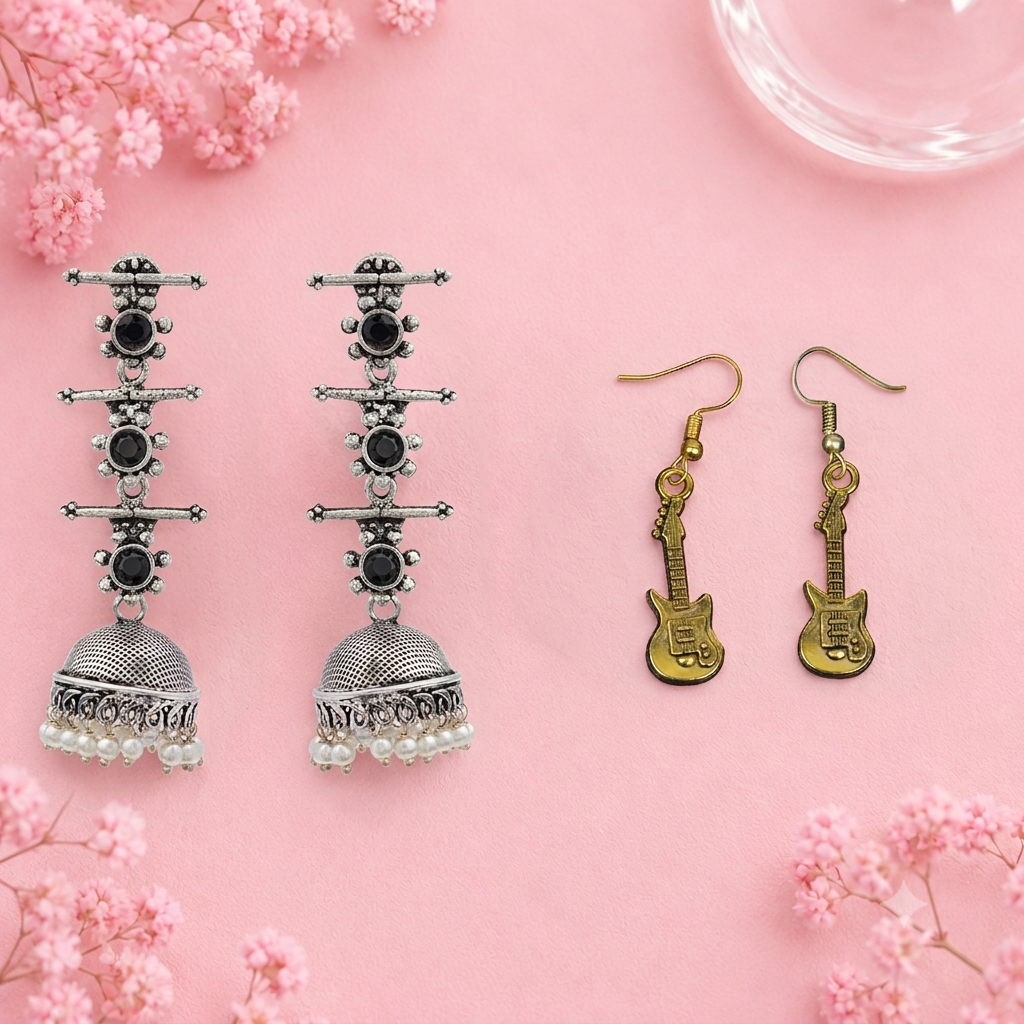 Royal Triple Bell Layered Jhumka Earring (Black) Strum chic dangler earrings Combo set