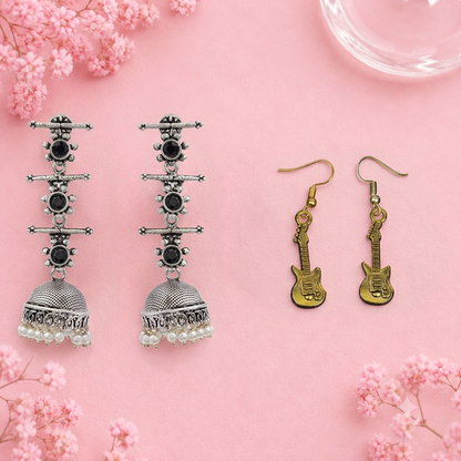 Royal Triple Bell Layered Jhumka Earring (Black) Strum chic dangler earrings Combo set