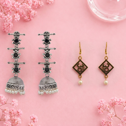 Royal Triple Bell Layered Jhumka Earring (Black) Eternal om dangler earrings Combo set