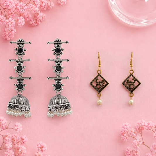 Royal Triple Bell Layered Jhumka Earring (Black) Eternal om dangler earrings Combo set