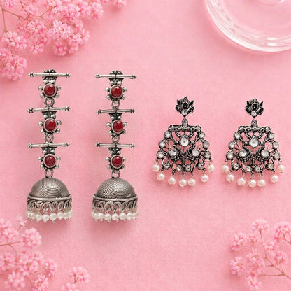 Royal Triple Bell Layered Jhumka Earring (Dark Maroon) Peacock glow stone studded dangler earrings (White) Combo set