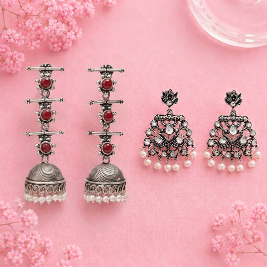 Royal Triple Bell Layered Jhumka Earring (Dark Maroon) Peacock glow stone studded dangler earrings (White) Combo set