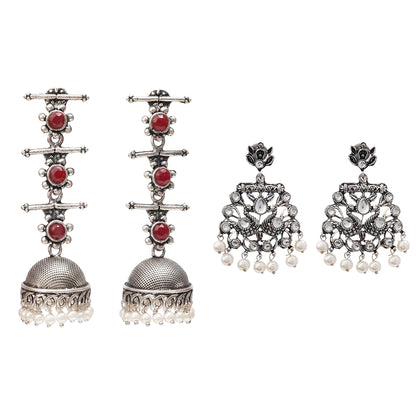 Royal Triple Bell Layered Jhumka Earring (Dark Maroon) Peacock glow stone studded dangler earrings (White) Combo set