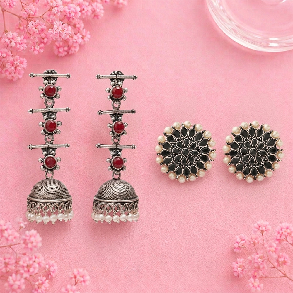Royal Triple Bell Layered Jhumka Earring (Dark Maroon) Desi Diva stud earring (Black) Combo set
