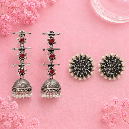 Royal Triple Bell Layered Jhumka Earring (Dark Maroon) Desi Diva stud earring (Black) Combo set