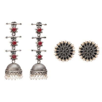 Royal Triple Bell Layered Jhumka Earring (Dark Maroon) Desi Diva stud earring (Black) Combo set