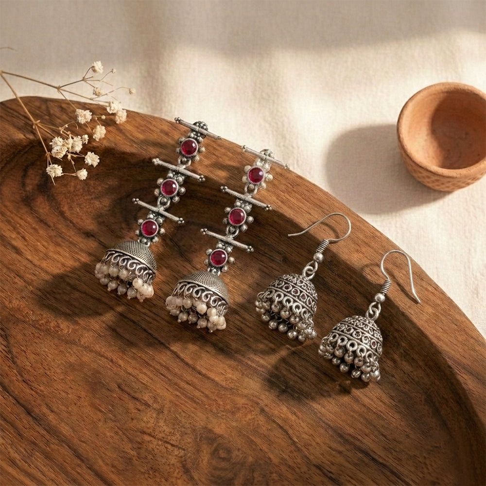 Royal Triple Bell Layered Jhumka Earring (Dark Maroon) Tiny Twinkle jhumki earring (Silver) Combo set