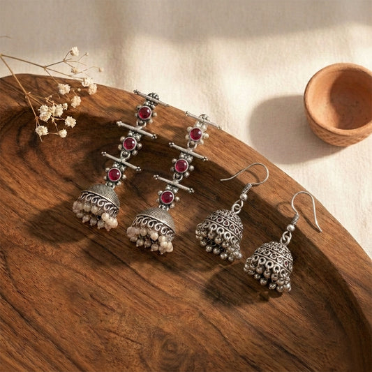 Royal Triple Bell Layered Jhumka Earring (Dark Maroon) Tiny Twinkle jhumki earring (Silver) Combo set